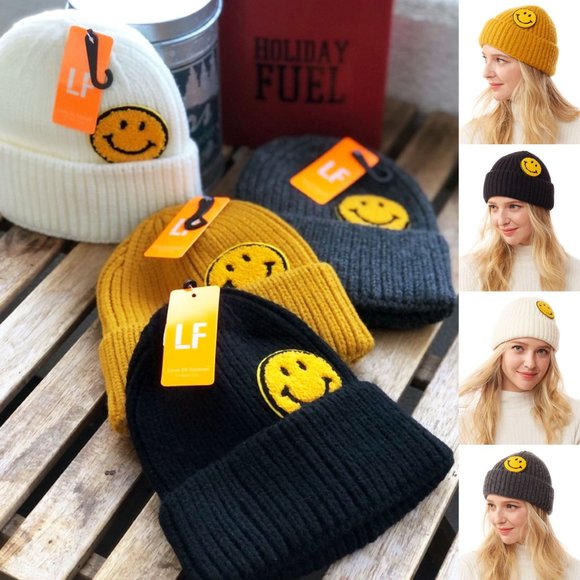 NEW Smile Smiley Happy Face Patch Cozy Soft Rib Knit Beanie Hat Ivory Black Gray - Picture 1 of 14